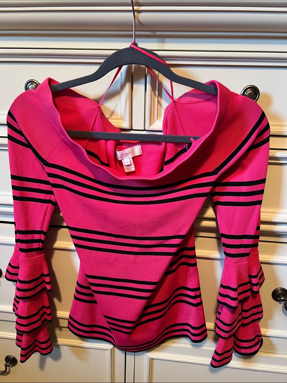 Bold Pink Striped Off-the-Shoulder Ruffle-Sleeve Sweater. New WOT